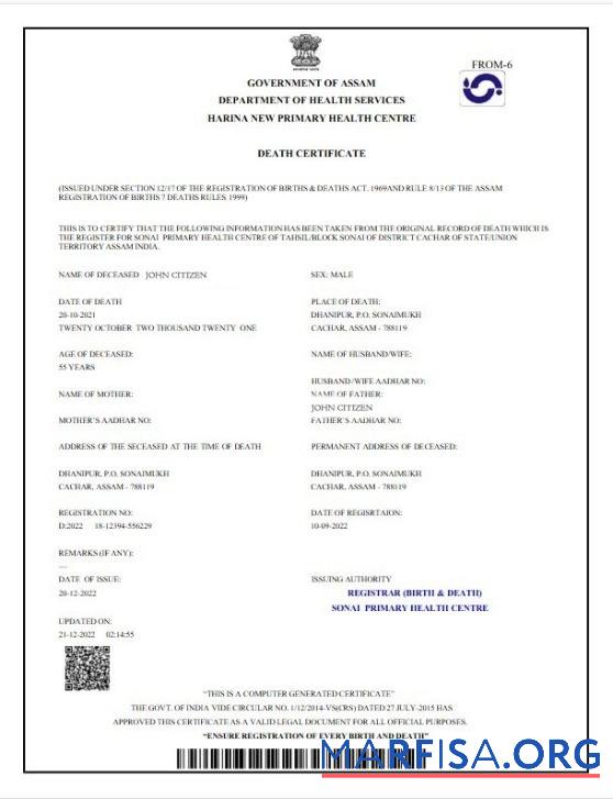 Blank India Government of Assam death certificate example